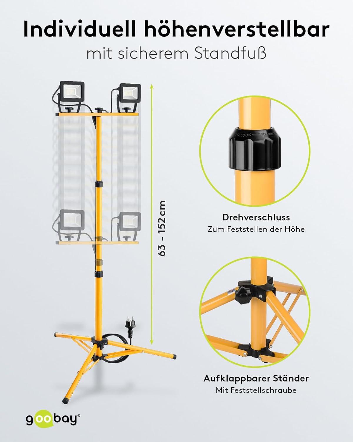 LED Baustrahler auf Teleskopstativ 2 x 20W / 3400lm / Neutral-Weiß Licht – 4000K / Für Innen- & Außenbereich – IP65 / Schwarz/Gelb [Energieklasse F]