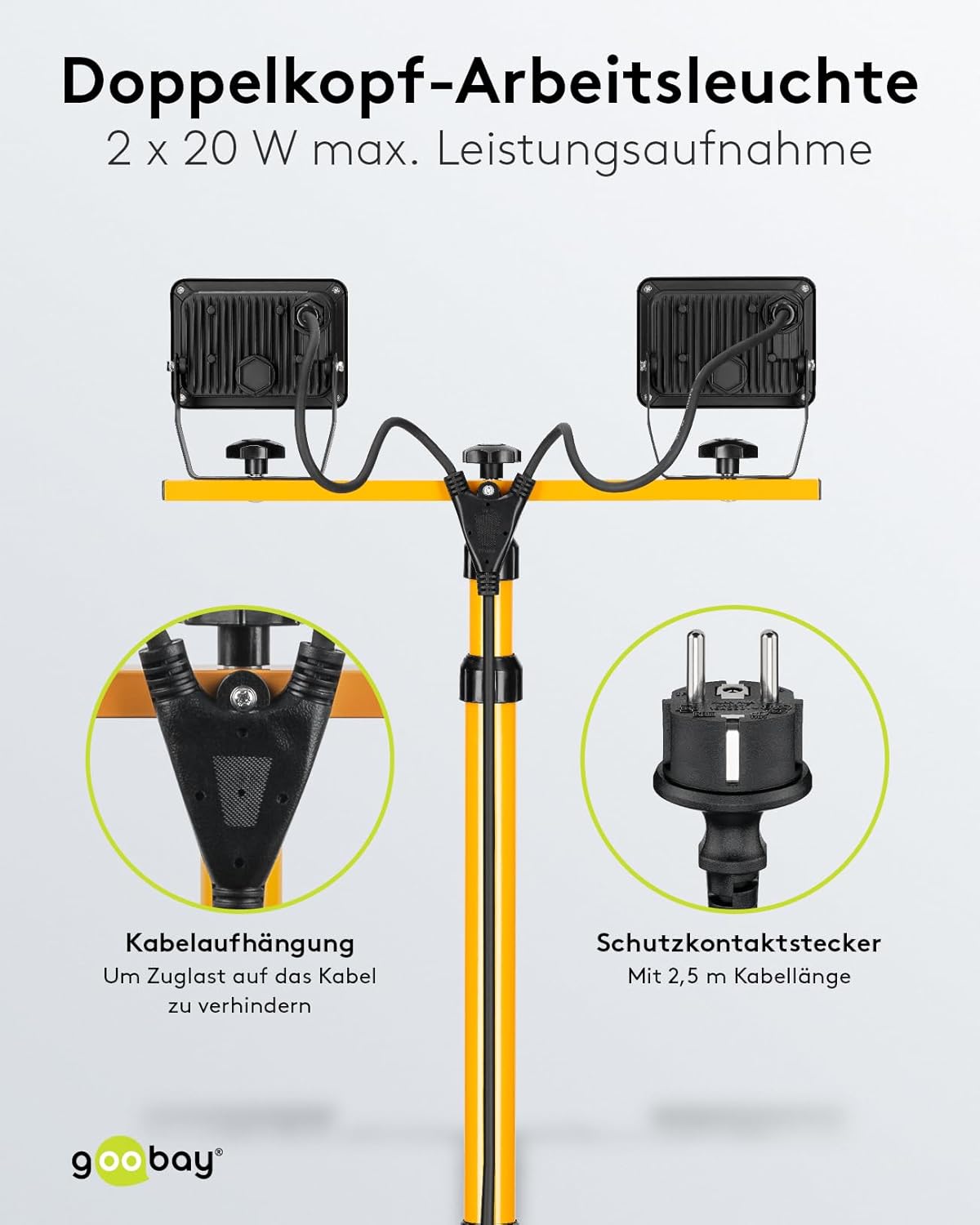 LED Baustrahler auf Teleskopstativ 2 x 20W / 3400lm / Neutral-Weiß Licht – 4000K / Für Innen- & Außenbereich – IP65 / Schwarz/Gelb [Energieklasse F]