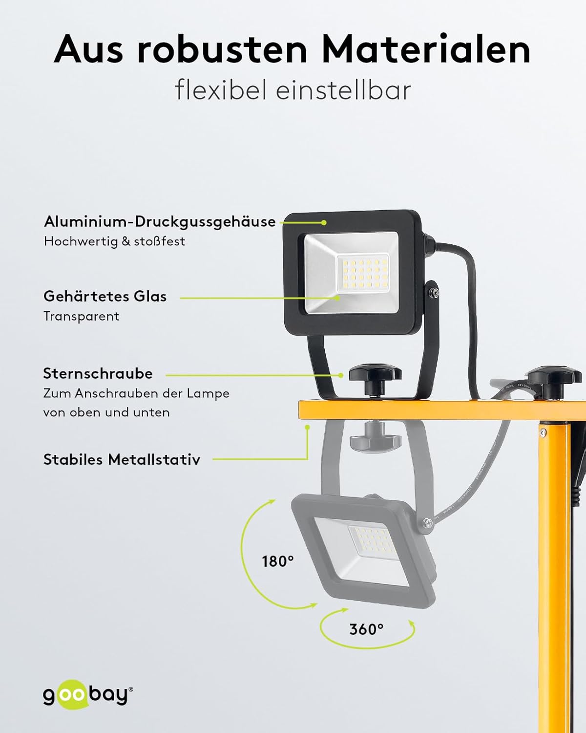 LED Baustrahler auf Teleskopstativ 2 x 20W / 3400lm / Neutral-Weiß Licht – 4000K / Für Innen- & Außenbereich – IP65 / Schwarz/Gelb [Energieklasse F]