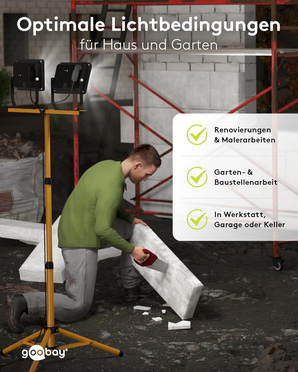 LED Baustrahler auf Teleskopstativ 2 x 20W / 3400lm / Neutral-Weiß Licht – 4000K / Für Innen- & Außenbereich – IP65 / Schwarz/Gelb [Energieklasse F]