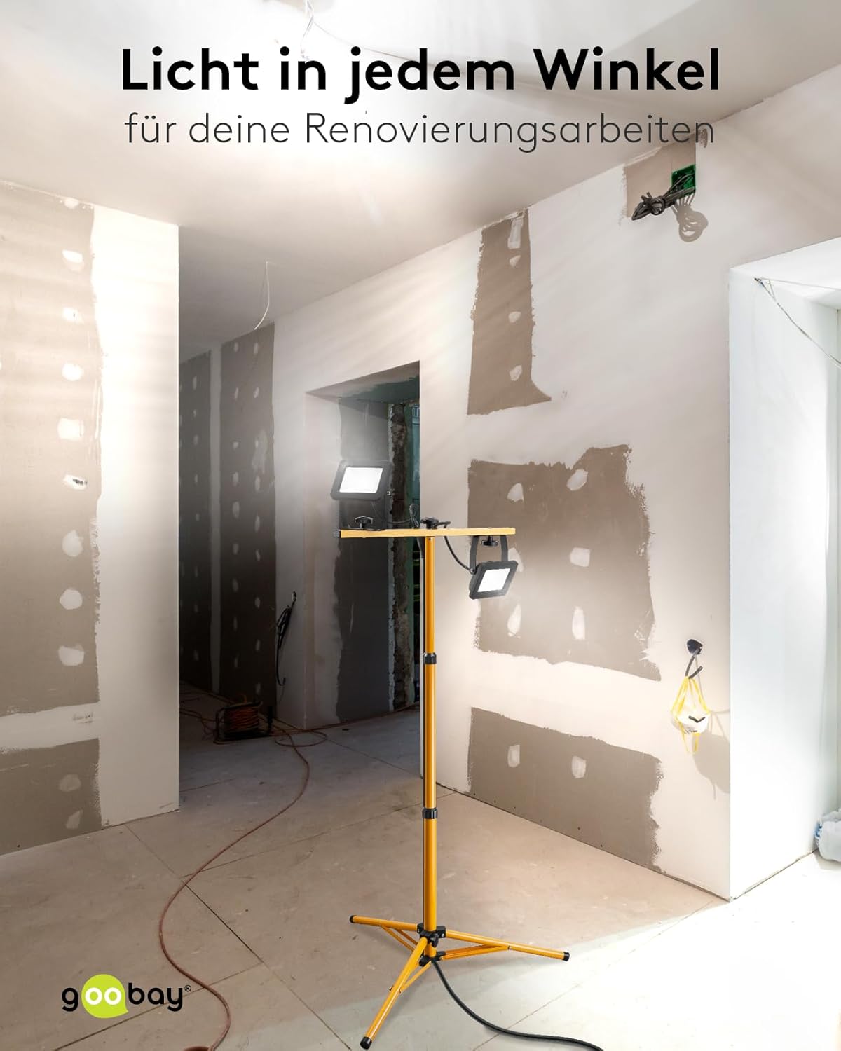 LED Baustrahler auf Teleskopstativ 2 x 20W / 3400lm / Neutral-Weiß Licht – 4000K / Für Innen- & Außenbereich – IP65 / Schwarz/Gelb [Energieklasse F]