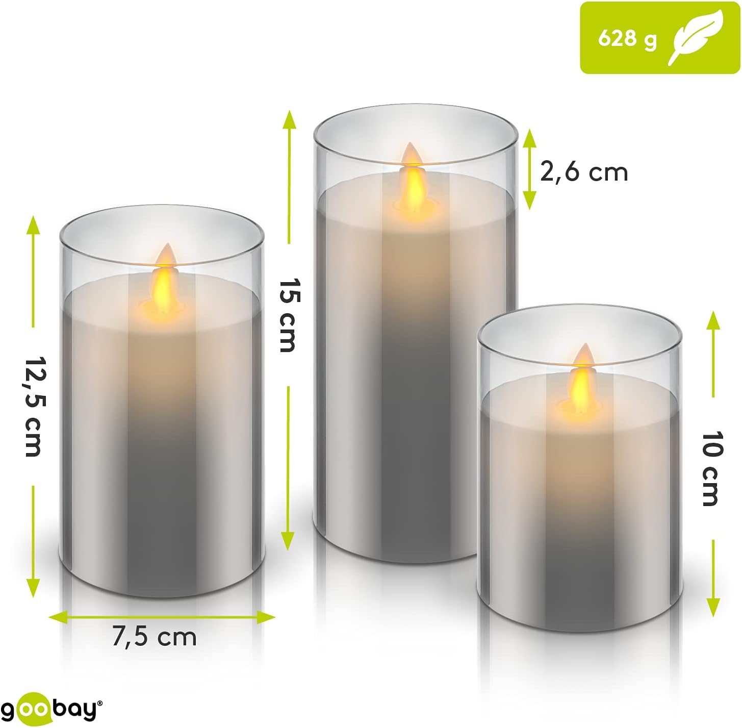 3er-Set LED Echtwachskerzen im Glas (grau) mit Timerfunktion, warmweißer Kerzenschein, bewegliche Flamme, 10, 12,5 & 15cm hohe Kerzen Transparent