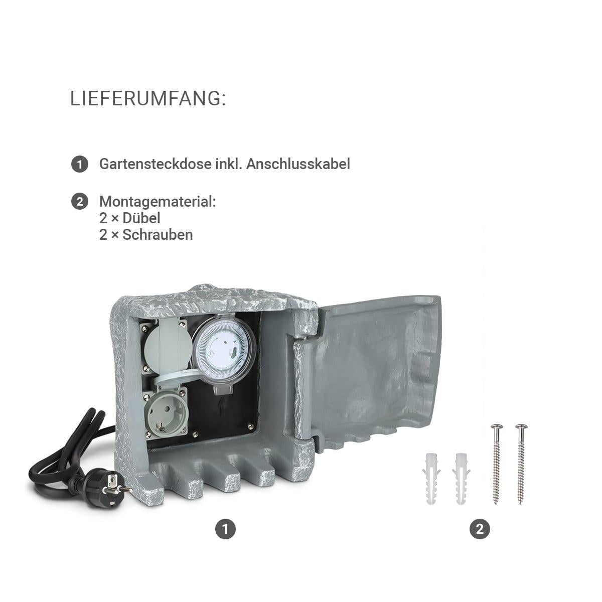 Gartensteckdose in Steinoptik IP44 - Ausführung: 2 Steckdosen mit Zeitschaltuhr / Timer