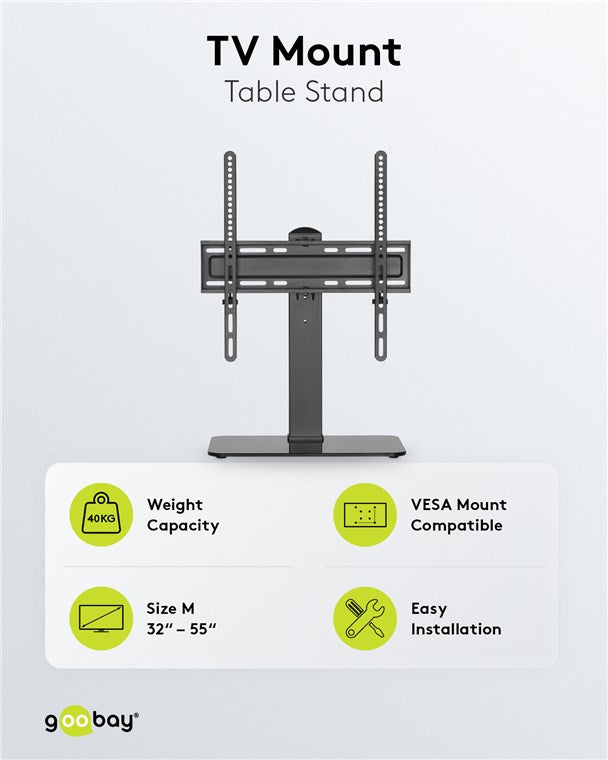 goobay TV Standfuß & Halter – für 32 bis 55 Zoll Flatscreen & Curved Fernseher & Monitore, 40kg Tragkraft, 35° Schwenkbar, 3 Stufig Höhenverstellbar Halterung, mit Kabelmanagement – Schwarz