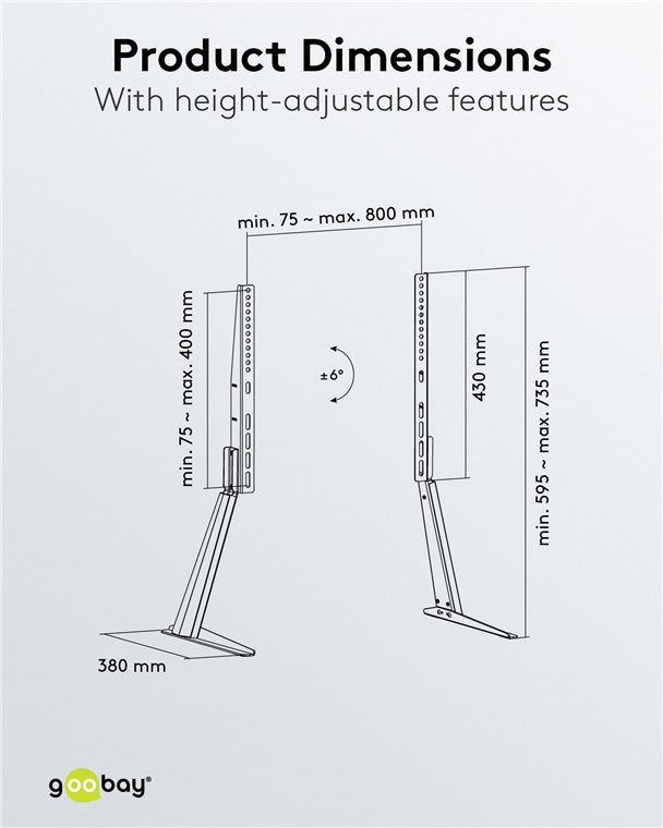 goobay TV Standfuss für Fernseher und Monitore zwischen 32“ 70 Zoll (81-180cm) / Neigbar Höhenverstellbar / Fernsehständer Flat & Curved bis 50 kg, Schwarz, 32"-70"