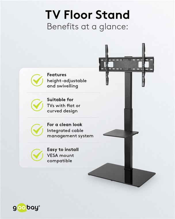 goobay TV Standfuss für Fernseher und Monitore zwischen 37“ und 70 Zoll (94-180cm) / Schwenkbar und Höhenverstellbar / Fernsehständer für Flat TV & Curved TV bis 40 kg Schwarz