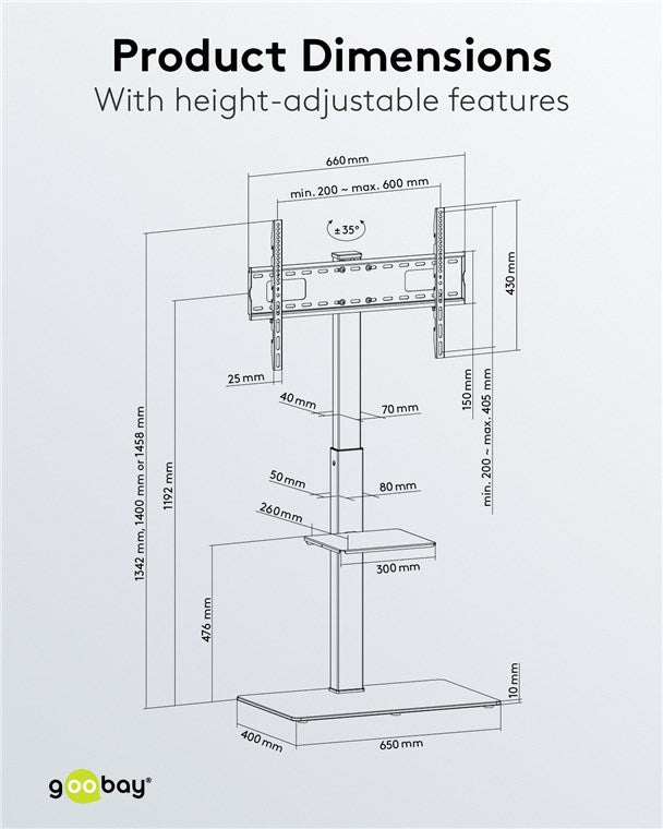 goobay TV Standfuss für Fernseher und Monitore zwischen 37“ und 70 Zoll (94-180cm) / Schwenkbar und Höhenverstellbar / Fernsehständer für Flat TV & Curved TV bis 40 kg Schwarz