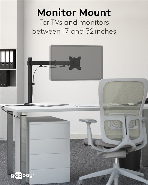 Goobay Monitorarm Single Flex – 17–32 Zoll Bildschirm – Tischhalterung VESA 75 und 100 mm – drehbar, schwenkbar und neigbar – höhenverstellbare Halterung – maximale Belastung 8 kg – Schwarz