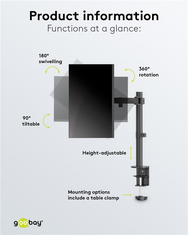 Goobay Monitorarm Single Flex – 17–32 Zoll Bildschirm – Tischhalterung VESA 75 und 100 mm – drehbar, schwenkbar und neigbar – höhenverstellbare Halterung – maximale Belastung 8 kg – Schwarz