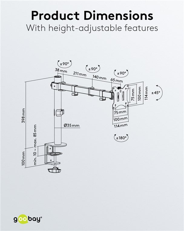 Goobay Monitorarm Single Flex – 17–32 Zoll Bildschirm – Tischhalterung VESA 75 und 100 mm – drehbar, schwenkbar und neigbar – höhenverstellbare Halterung – maximale Belastung 8 kg – Schwarz