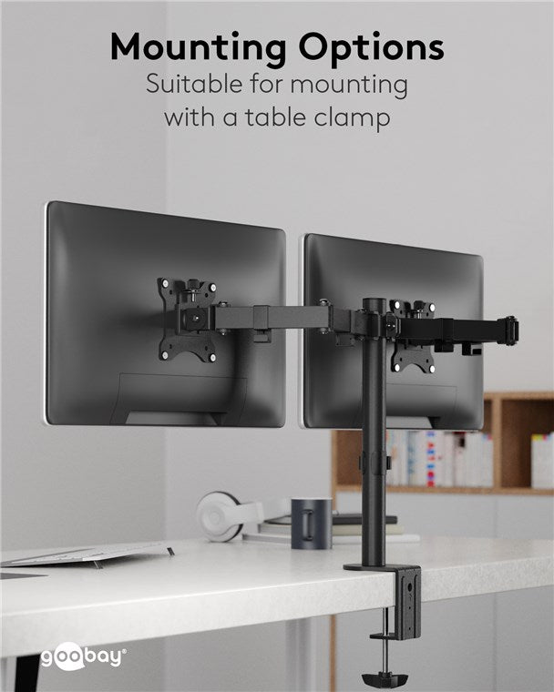 goobay Monitorarm Dual Flex – 17–32 Zoll Bildschirm – Tischhalterung VESA 75 und 100 mm – drehbar, schwenkbar und neigbar – höhenverstellbare Halterung – maximale Belastung 8 kg – Schwarz