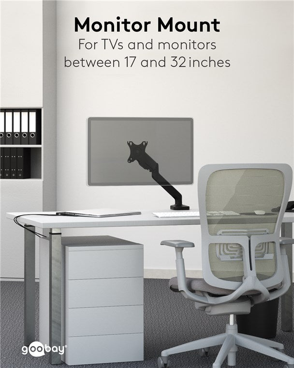 goobay Monitor Halterung mit Gasdruckfeder für einen Monitor zwischen 17" und 32 Zoll (43-81cm) / Monitorhalterung Neigbar & Schwenkbar für Montage an Tisch / VESA 75x75 & 100x100 bis 9kg, Schwarz