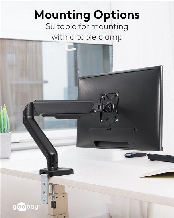 goobay Monitor Halterung mit Gasdruckfeder für einen Monitor zwischen 17" und 32 Zoll (43-81cm) / Monitorhalterung Neigbar & Schwenkbar für Montage an Tisch / VESA 75x75 & 100x100 bis 9kg, Schwarz