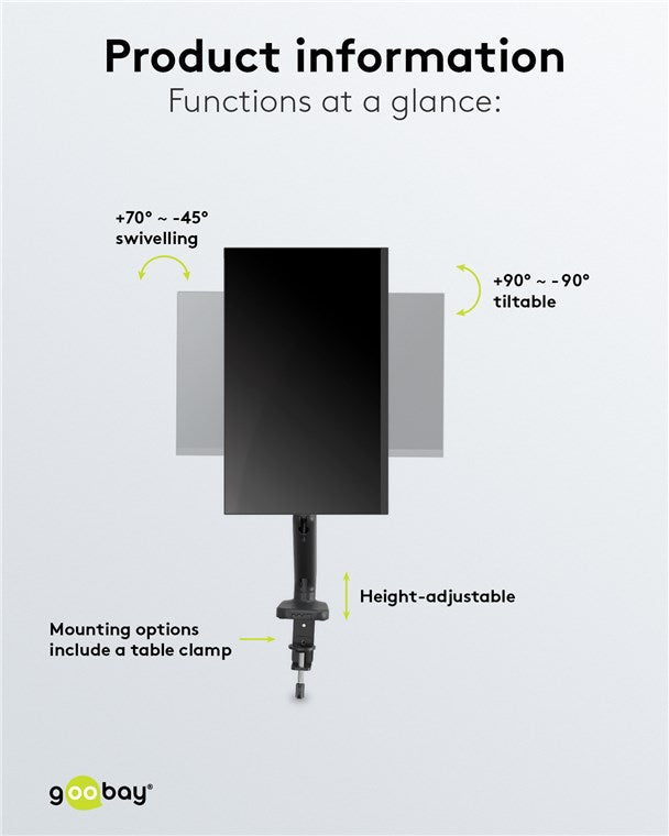 goobay Monitor Halterung mit Gasdruckfeder für einen Monitor zwischen 17" und 32 Zoll (43-81cm) / Monitorhalterung Neigbar & Schwenkbar für Montage an Tisch / VESA 75x75 & 100x100 bis 9kg, Schwarz