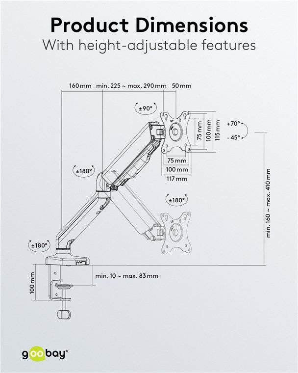 goobay Monitor Halterung mit Gasdruckfeder für einen Monitor zwischen 17" und 32 Zoll (43-81cm) / Monitorhalterung Neigbar & Schwenkbar für Montage an Tisch / VESA 75x75 & 100x100 bis 9kg, Schwarz