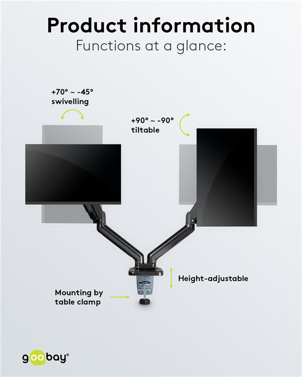 goobay Dual Monitorhalterung – mit Gasdruckfeder, für 17" bis 32" Bildschirme, Neig & Drehbar, Tischklemmmontage, 9kg Tragkraft, mit Kabelmanagement, VESA Kompatibel 75x75 & 100x100, Doppelarm