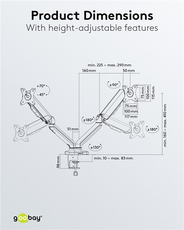 goobay Dual Monitorhalterung – mit Gasdruckfeder, für 17" bis 32" Bildschirme, Neig & Drehbar, Tischklemmmontage, 9kg Tragkraft, mit Kabelmanagement, VESA Kompatibel 75x75 & 100x100, Doppelarm