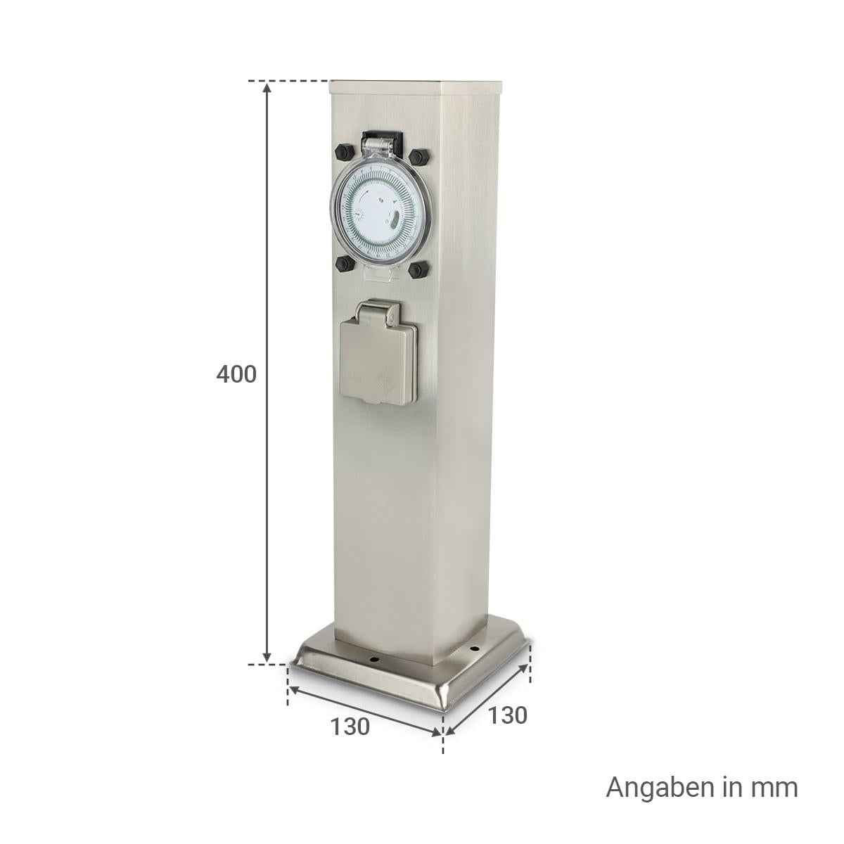 Garten Steckdosensäule für außen - Farbe: Edelstahl - Ausführung: 3 Steckdosen mit Zeitschaltuhr / Timer