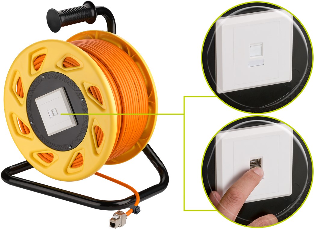 Netzwerk Kabeltrommel 50m Outdoor CAT 7A Kabel RJ45 Keystone Buchse Netzwerkkabeltrommel Netzwerkkabel Verlängerungskabel 50m Orange