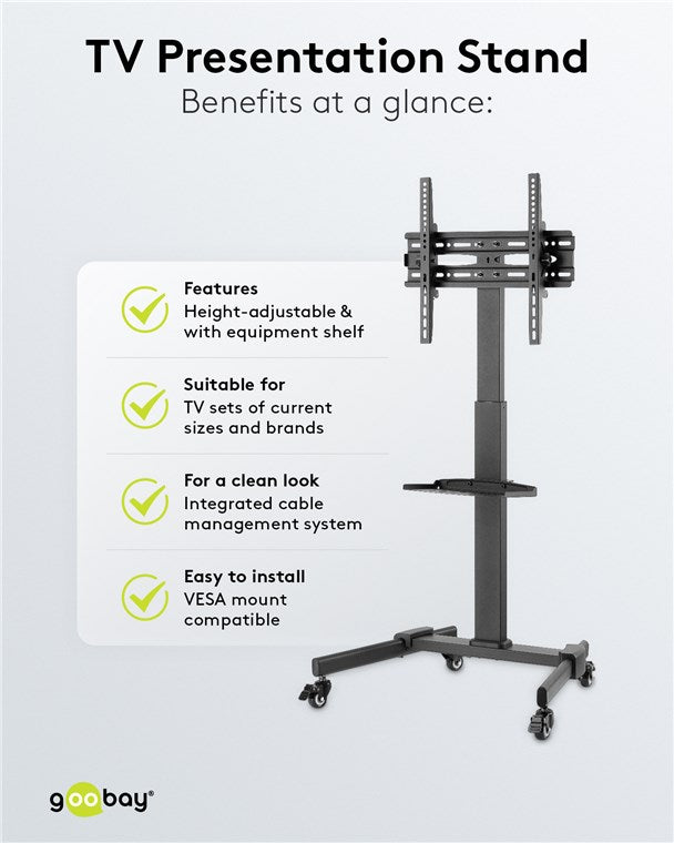Goobay Mobiler TV Ständer rollbar / 37“ - 70“ (94-178 cm) Monitor & Fernseher Standfuss/Fernsehständer mit Rollen / TV Bodenständer höhenverstellbar/bis 35 kg/Schwarz