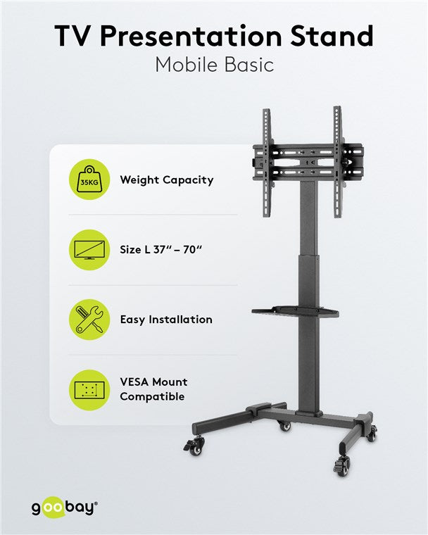 Goobay Mobiler TV Ständer rollbar / 37“ - 70“ (94-178 cm) Monitor & Fernseher Standfuss/Fernsehständer mit Rollen / TV Bodenständer höhenverstellbar/bis 35 kg/Schwarz