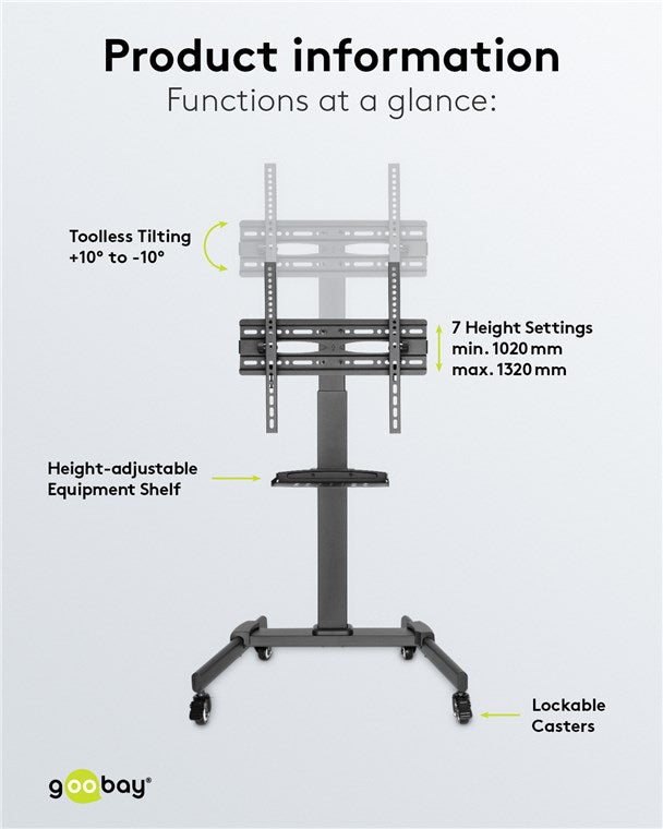 Goobay Mobiler TV Ständer rollbar / 37“ - 70“ (94-178 cm) Monitor & Fernseher Standfuss/Fernsehständer mit Rollen / TV Bodenständer höhenverstellbar/bis 35 kg/Schwarz