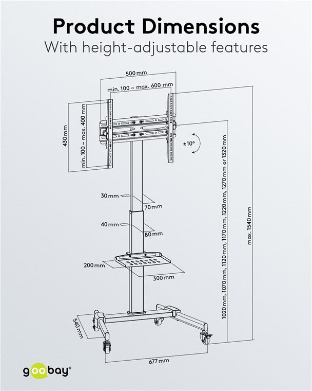 Goobay Mobiler TV Ständer rollbar / 37“ - 70“ (94-178 cm) Monitor & Fernseher Standfuss/Fernsehständer mit Rollen / TV Bodenständer höhenverstellbar/bis 35 kg/Schwarz