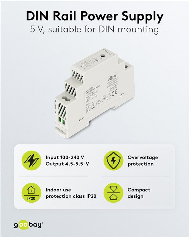 Goobay Hutschienen Netzteil 5V Trafo ideal zum Betrieb von Überwachungs- und Zugangssystemen / Klingeltrafo 5V / Türsprechanlage / Klingelanlage / DIN Rail 2,4A und 12W