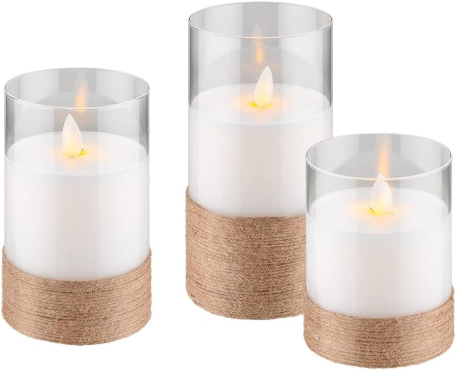 3er-Set LED Echtwachskerzen im Hanf umwickelten Glas, warmweißer Kerzenschein, bewegliche Flamme, 10, 12,5 & 15cm hohe Kerzen Transparen, Klar