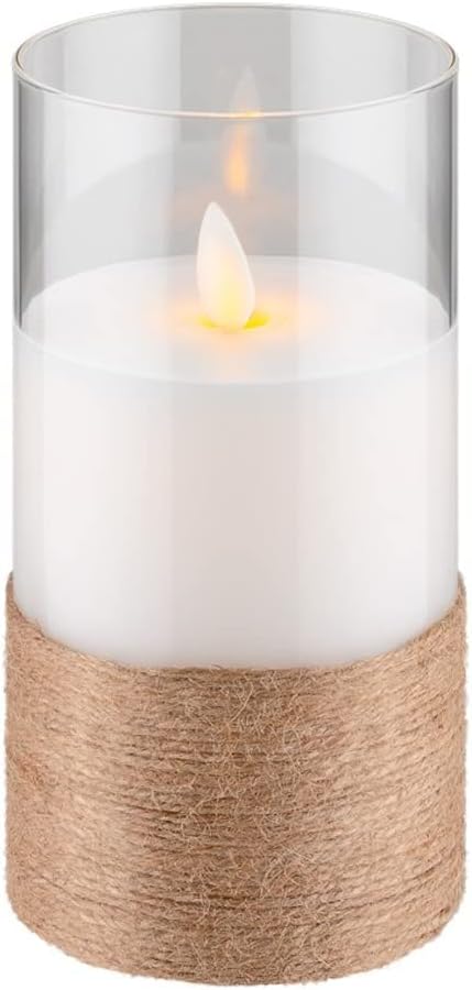 3er-Set LED Echtwachskerzen im Hanf umwickelten Glas, warmweißer Kerzenschein, bewegliche Flamme, 10, 12,5 & 15cm hohe Kerzen Transparen, Klar