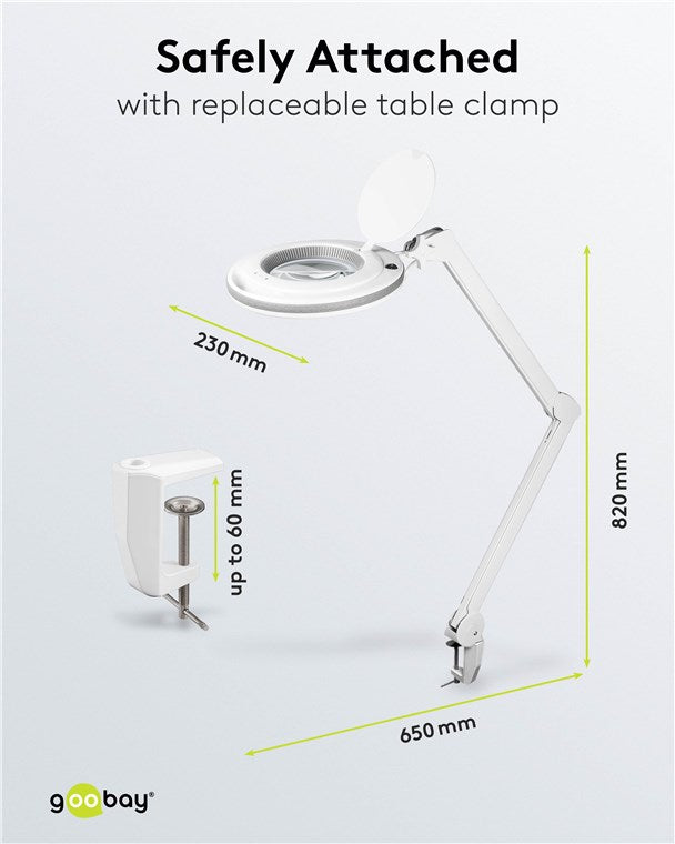goobay LED Lupenleuchte mit Klemme / 9 W Leistungsaufnahme / 127 mm Kristall-Glaslinse / Farbtemperatur 6400 K / 1.75x Vergrößerung / Lichtstrom 83-730 Lumen / Weiß