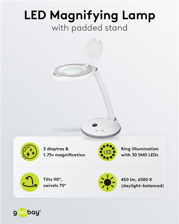 goobay Dimmbare LED Lupenleuchte / Lupenlampe mit Standfuß / Standlupe Licht / 6 W Leistungsaufnahme / Farbtemperatur 6500 K / Lichtstrom 450 lm / Betriebsspannung 230 V (AC), Weiß