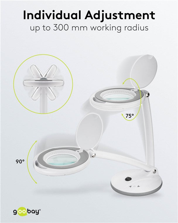 goobay Dimmbare LED Lupenleuchte / Lupenlampe mit Standfuß / Standlupe Licht / 6 W Leistungsaufnahme / Farbtemperatur 6500 K / Lichtstrom 450 lm / Betriebsspannung 230 V (AC), Weiß