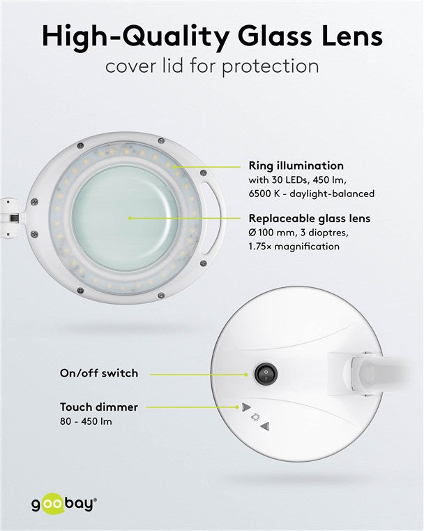 goobay Dimmbare LED Lupenleuchte / Lupenlampe mit Standfuß / Standlupe Licht / 6 W Leistungsaufnahme / Farbtemperatur 6500 K / Lichtstrom 450 lm / Betriebsspannung 230 V (AC), Weiß