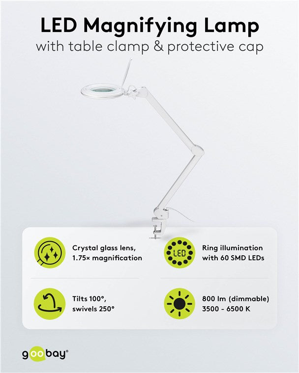 goobay LED Lupenleuchte mit Klemme / Lupenlampe aus Plastik / 10 W Leistungsaufnahme / Lichtstrom 800 lm / Betriebsspannung 230 V (AC) / Weiß [Energieklasse F]