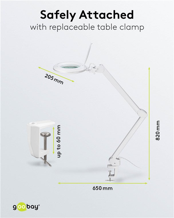 goobay LED Lupenleuchte mit Klemme / Lupenlampe aus Plastik / 10 W Leistungsaufnahme / Lichtstrom 800 lm / Betriebsspannung 230 V (AC) / Weiß [Energieklasse F]