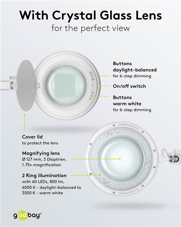 goobay LED Lupenleuchte mit Klemme / Lupenlampe aus Plastik / 10 W Leistungsaufnahme / Lichtstrom 800 lm / Betriebsspannung 230 V (AC) / Weiß [Energieklasse F]