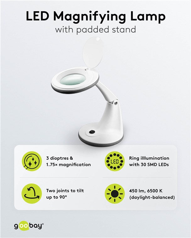 goobay LED Lupenleuchte / Lupenlampe mit Standfuß / Standlupe mit Licht / 6 W Leistungsaufnahme / Farbtemperatur 6500 K / Lichtstrom 450 lm / Betriebsspannung 230 V (AC) / Weiß