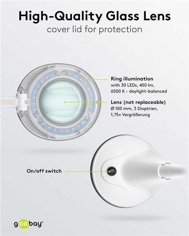 goobay LED Lupenleuchte / Lupenlampe mit Standfuß / Standlupe mit Licht / 6 W Leistungsaufnahme / Farbtemperatur 6500 K / Lichtstrom 450 lm / Betriebsspannung 230 V (AC) / Weiß