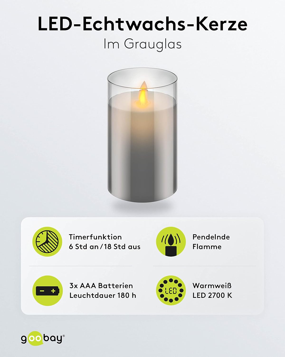 LED Echtwachskerze im Glas / 12,5cm hoch / Flammenlose Kerzen mit beweglicher Flamme / Batteriebetriebene Kerzen / LED Tisch Deko / LED-Kerzen mit Timer, Grau