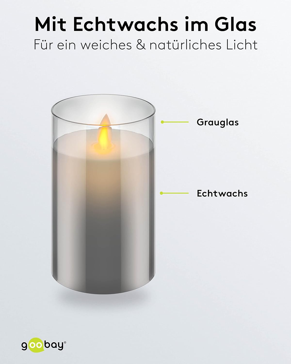 LED Echtwachskerze im Glas / 12,5cm hoch / Flammenlose Kerzen mit beweglicher Flamme / Batteriebetriebene Kerzen / LED Tisch Deko / LED-Kerzen mit Timer, Grau
