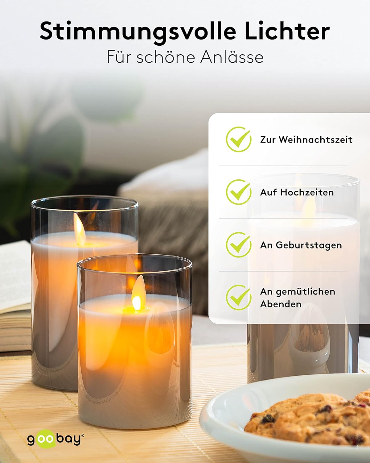 LED Echtwachskerze im Glas / 12,5cm hoch / Flammenlose Kerzen mit beweglicher Flamme / Batteriebetriebene Kerzen / LED Tisch Deko / LED-Kerzen mit Timer, Grau