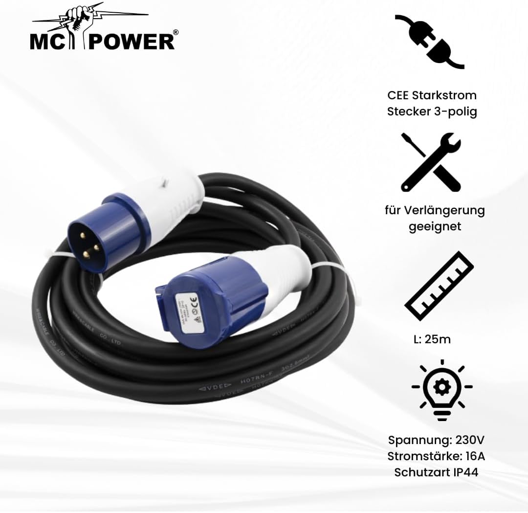 McPower CEE-Verlängerungskabel 25m | H07RN-F 3G2,5 | 230V, 16A, 3-polig | IP44, spritzwassergeschützt | CEE-Kupplung S1234 mit Schutzdeckel auf CEE-Stecker P1234 | für Camping, Wohnwagen und Outdoor
