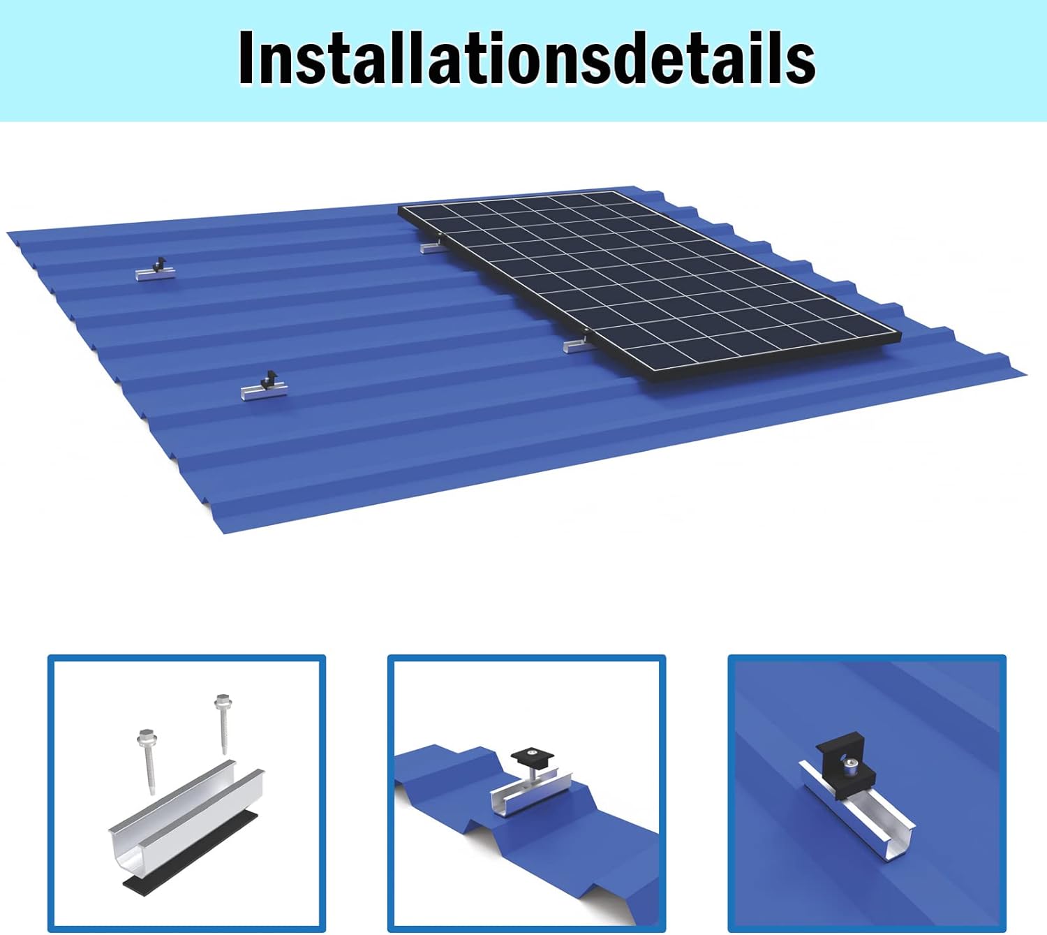 Solarmodul Halterung Flachdach, Alu Photovoltaik Montageschiene 12CM, Verstellbare Schwarz Klemme für 30-35MM Dicke Module, Solarpanel Halterung Montageset 2 Module Geeignet für Flachdach Trapezdach