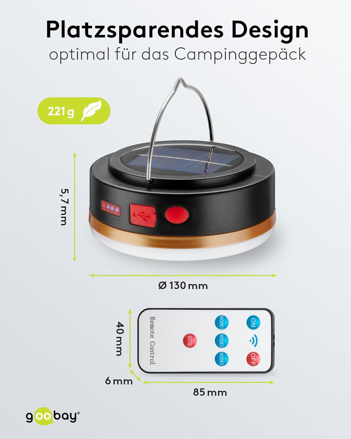 LED Solar Campinglampe mit IR Fernbedienung / Camping Beleuchtung / Outdoor Lampe / Hängelampe / 6 Leuchtmodi / 3,7 V, 2000 mAh / Powerbank Funktion / Aufladen von USB A Geräten