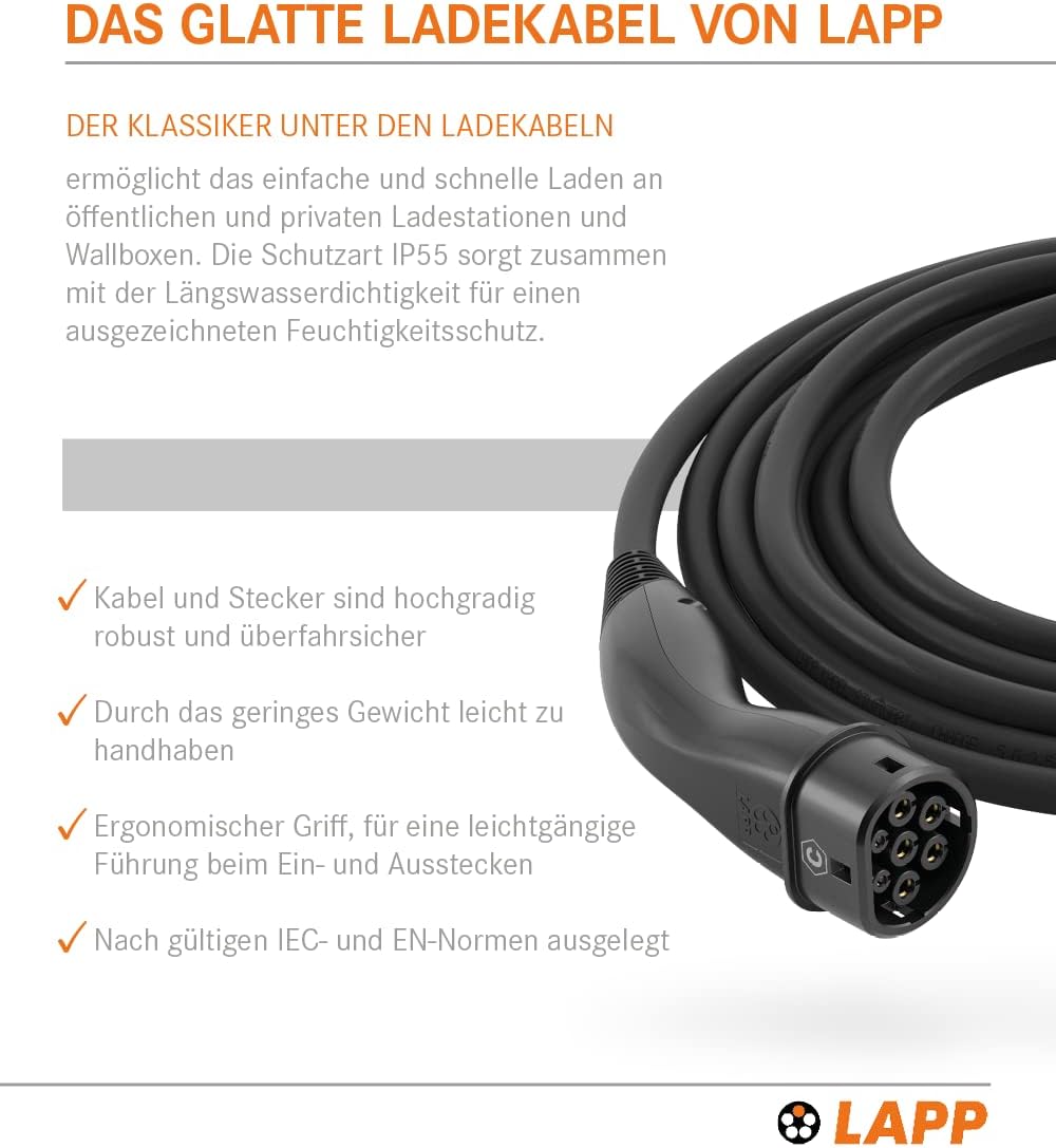 LAPP MOBILITY Typ 2 Ladekabel 22 KW 7m - Ladekabel E Auto 32a 3-Phasig - IP55 geschütztes Ladekabel Mode 3 - Ladekabel Typ 2 mit korrosionsresistenten Steckkontakten - geeignet für PHEV, BEV & EV