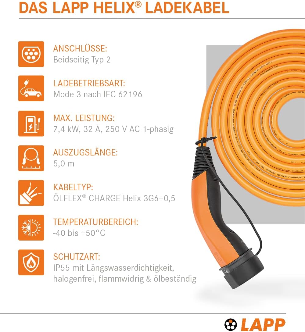 Lapp Mobility Helix Typ 2 Ladekabel 7,4 kW / Selbstaufrollend / 32 A / 1-Phasig / E-Auto Ladekabel / Mode 3 / 5m, Orange