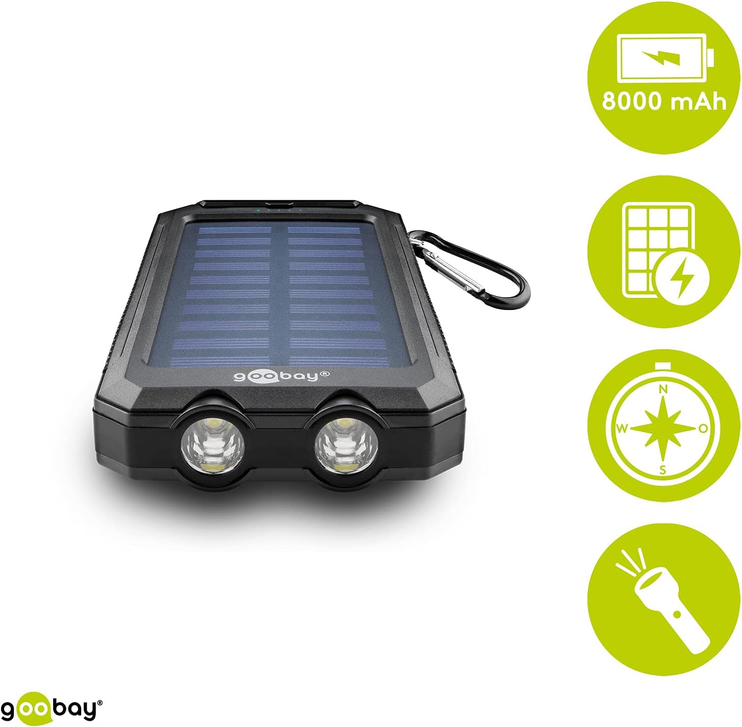 Outdoor Powerbank 8.0 (8.000 mAh), für Outdoor-Abenteuer Dank Robusten Design, Solarpanel und Taschenlampenfunktion