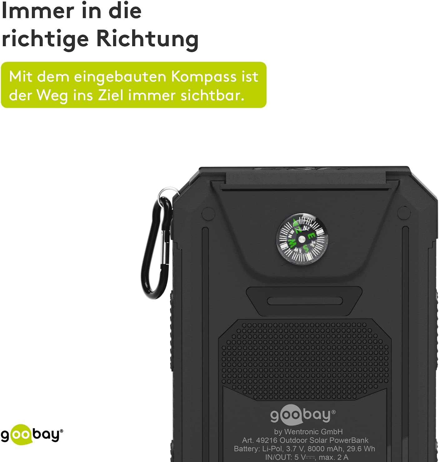 Outdoor Powerbank 8.0 (8.000 mAh), für Outdoor-Abenteuer Dank Robusten Design, Solarpanel und Taschenlampenfunktion