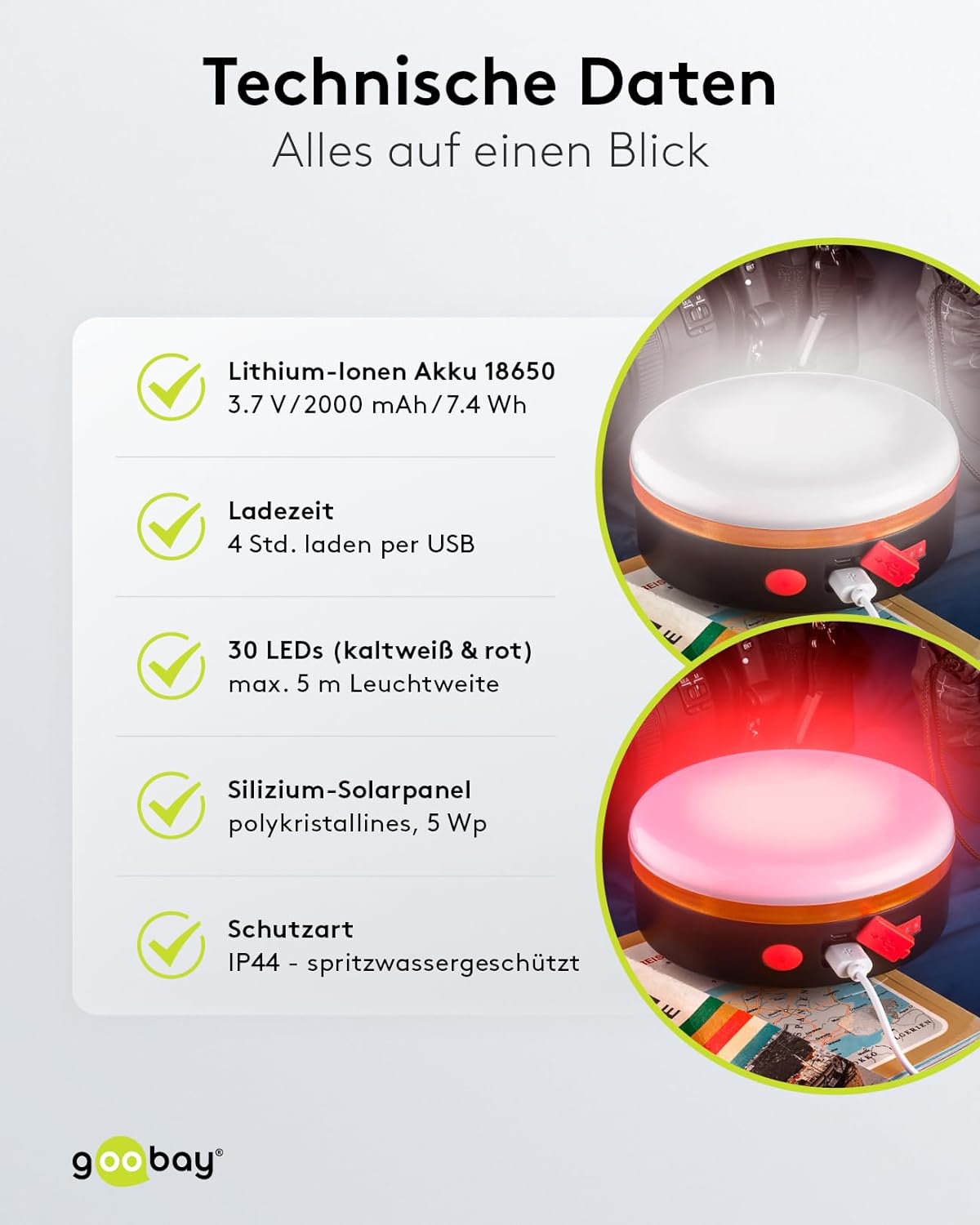 LED Solar Campinglampe mit IR Fernbedienung / Camping Beleuchtung / Outdoor Lampe / Hängelampe / 6 Leuchtmodi / 3,7 V, 2000 mAh / Powerbank Funktion / Aufladen von USB A Geräten